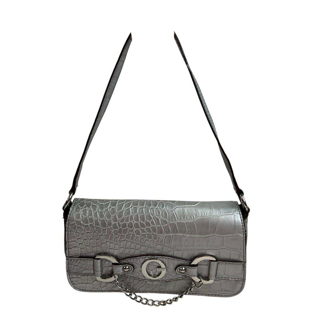 Vtg Y2K Guess Mini Bag Silver Croc Embossed‎ Chain Accent Purse Handbag Retro